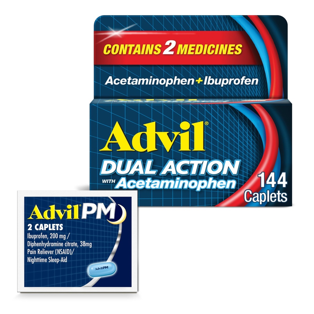 Advil διπλή δράση με Acetaminophen και Ibuprofen (2 δόση ισοδύναμο) για 8 ώρες ανακούφιση του πόνου, επικαλυμμένο 144 ct καπάκια και 2 Ct δείγμα του Advil PM