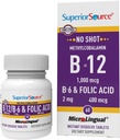 Superior Source No Shot Vitamin B-12 Methylcobalamin 1000 mcg, B-6 & Follic Acid 400 mcg - Υποστηρίζει τον εγκέφαλο και την καρδιά υγεία - Βοηθά τα επίπεδα φυσικής ενέργειας - 60 υπογλώσσια δισκία διάλυσης