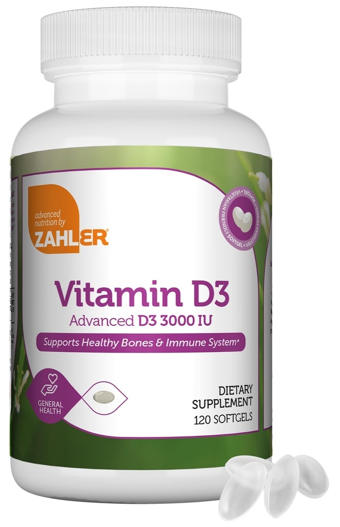 Zahler - Advanced Vitamin D3 3000 IU Softgels (120 Count) Kosher Vegetarian Friendly Vitamin D for Immune Support, Bone, Teeth & Muscle Health - Καθημερινά D3 Vitamin Supplement for Adults - Easy Swallow.