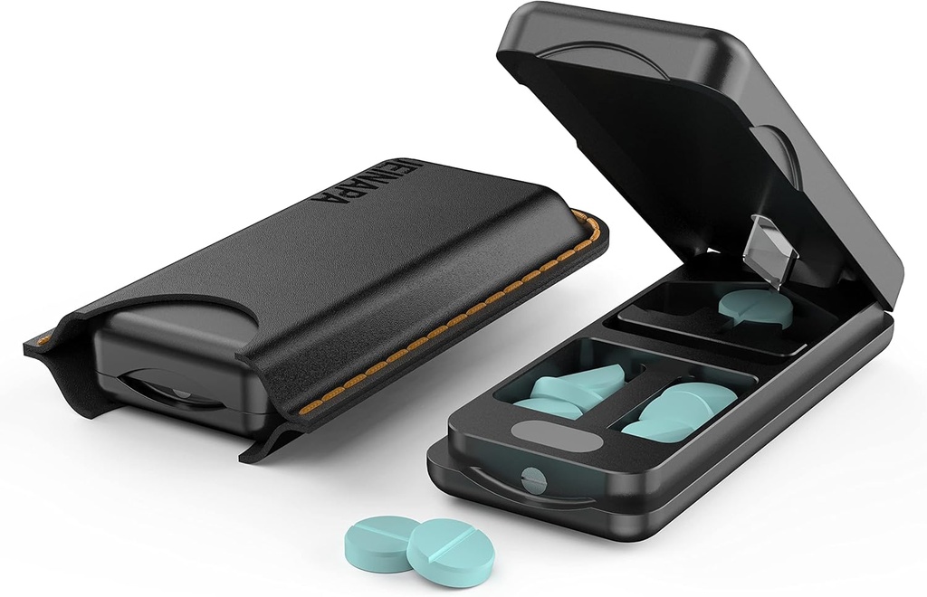 Κοπτικό χαπιών με αυτόματη συσκευή εστίασης, Σπλιτιέρα χαπιών αλουμινίου με 316L ανοξείδωτη λεπίδα, Γνήσια δερμάτινη θήκη, Επαγγελματικό χαπιών για την κοπή μικρών χαπιών ή μεγάλων χαπιών (μαύρο)