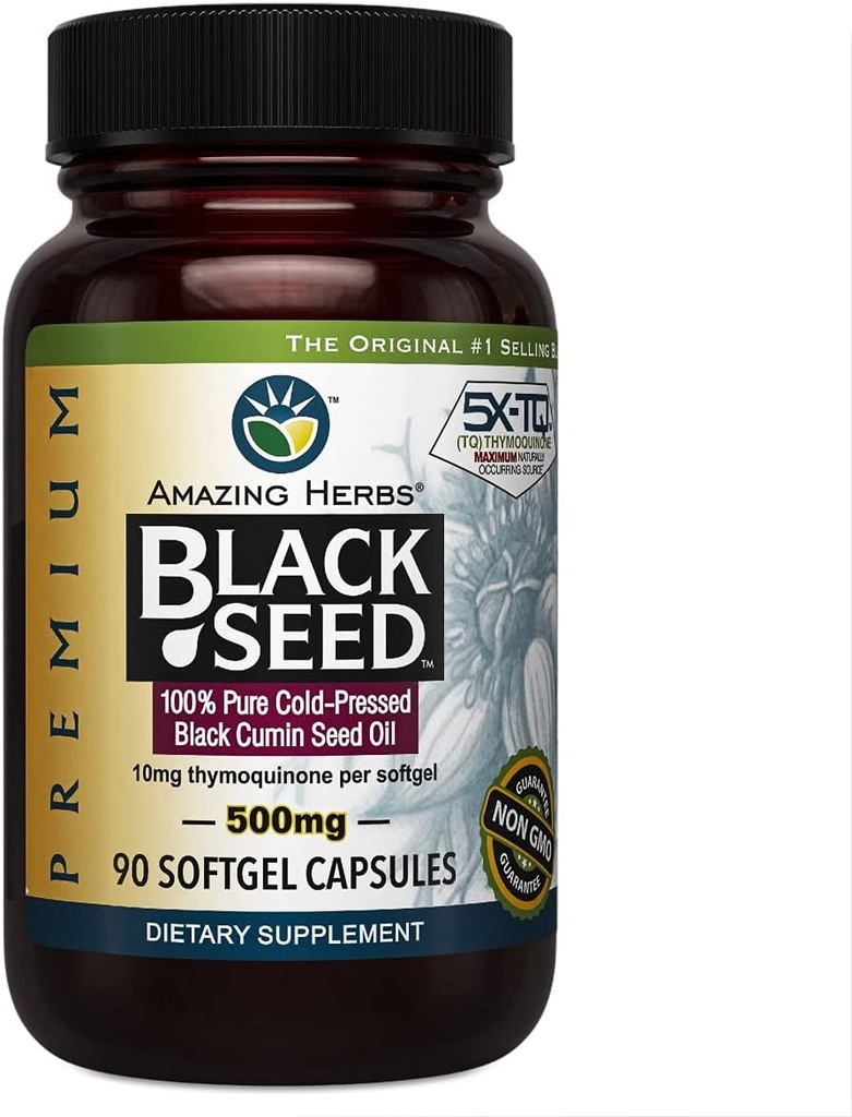 Amazing Herbs Premium Black Seed Oil Κάψουλες - Ψυχρή πίεση Nigella Sativa Aids σε Digestive Υγεία, Ανοσολογική Υποστήριξη, Εγκεφαλική Λειτουργία, Χωρίς Γλουτένη, Μη ΓΤΟ - 90 Count, 500mg