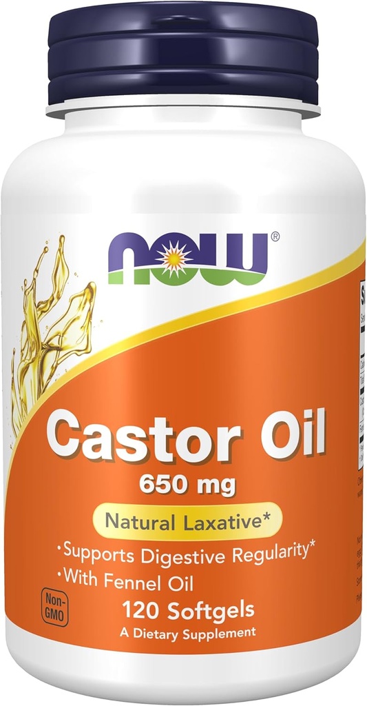 NOW Συμπληρώματα τροφίμων, Castor Oil 650 mg με έλαιο μάραθου, φυσικό Laxative*, 120 Softgels