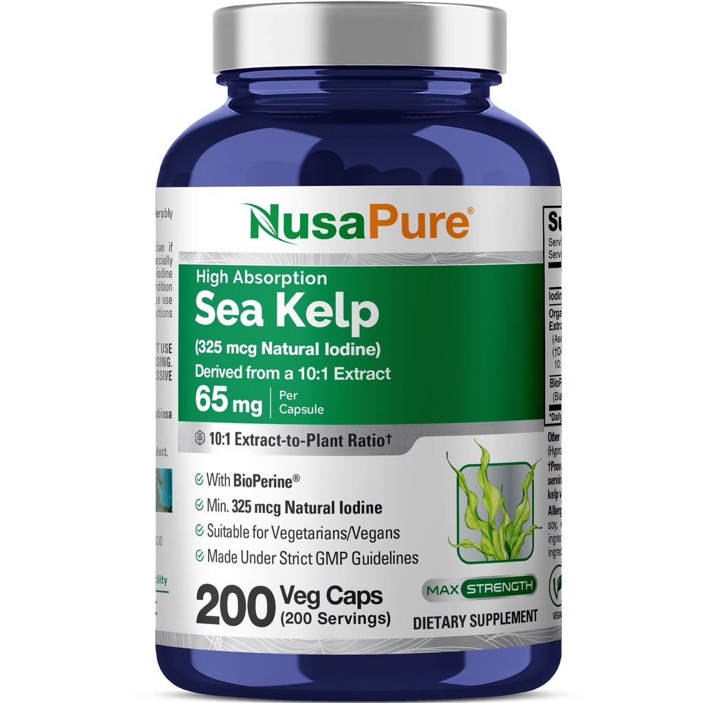 NusaPure Sea Kelp Natural Iodine 325mcg 10:1 Extract, 65 mg Ισοδύναμο με 650 mg Κάψουλας 200 Count (Non- GMO, Vegan)