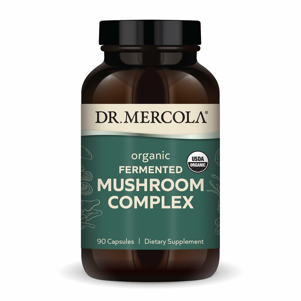 Dr. Mercola Organic Fermented Mushroom Complex - Υποστηρίζει την Ανοσοποιητική & Κυτταρική Υγεία - Ολόκληρο το Mushroom & Mycelium - Μη Γλουτένη & Μη Γλουτένη - 90 Κάψουλες (30 Σερβιέτες)