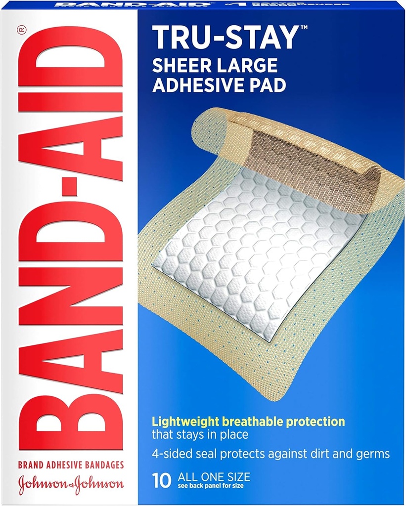 Band-Aid Brand Tru-Stay Adhesive Pads, Sterile Sheer Bandages for First Aid & Wound Care, Pad Covers & Protects Minor Cuts, Scrapes & Burns, Lightweight, Large Size, 10 Count