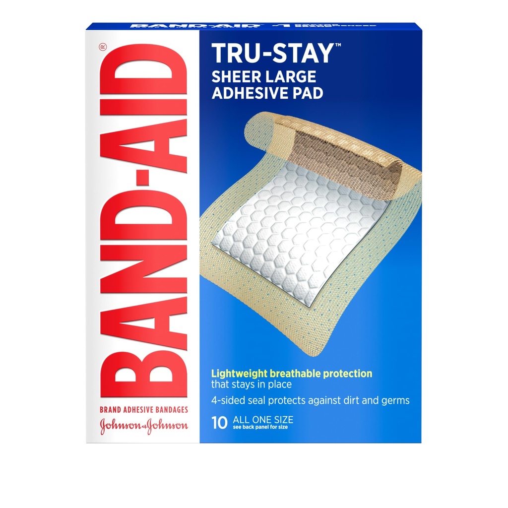 Band-Aid Brand Tru-Stay Adhesive Pads, Sterile Sheer Bandages for First Aid & Wound Care, Pad Covers & Protects minor cuts, Scrapes & Burns, Ελαφρύ, Μεγάλο Μέγεθος, 10 Count