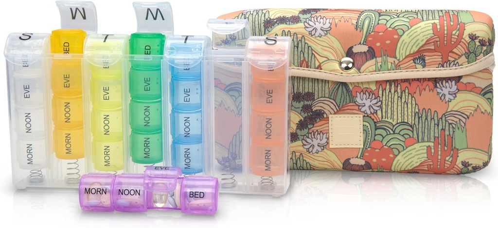 Made Easy Kit Pill Case Large 7-Day / 28 Compartments in Neoprene Carrier with Storage Pill Box in Daily in Morn, NOON, EVE, Bed a Weekly Vitamin, Medicine, Capsule Organization (Khaki Desert Cactus)
