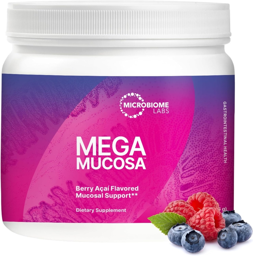 Microbiome Labs MegaMucosa Gut Health Powder - Digestive Supplement with Complete Mucosal Support for Healthy Gut & Immune Function - Ανοσοσφαιρίνες χωρίς γαλακτοκομικά & Αμινοξέα - Berry Acai (5.5 oz)