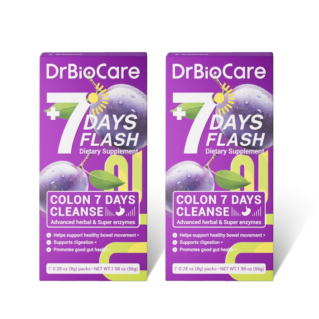 DrBioCare Colon 7 Ημέρες Καθαρισμός, 7 Ημέρες Flash, Καθαρισμός Κολώνων, Detox & Digestive Υποστήριξη, Prune Γεύση - 14 Πακέτα