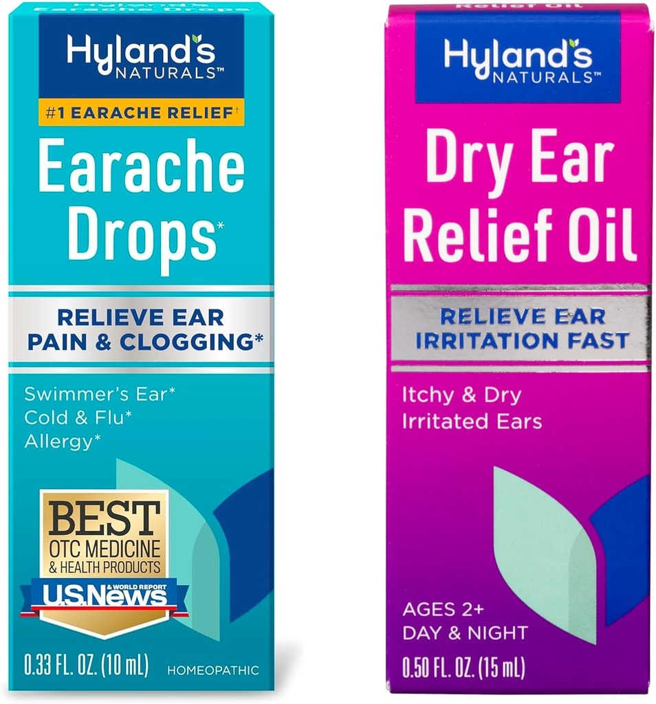 Bundle of Hyland's Earlache Drops 0.33 Fl Oz and Dry Ear Relief Oil, Relieve Ear Irration Fast, for Itchy and Dry Irritated Ears, Ages 2 and up, Day and Night Drops, 0.5 Ουγγιά