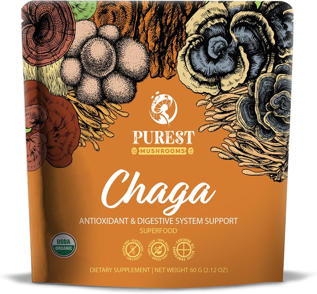 Chaga Mushroom Extract Powder - Βιολογικό Chaga Mushroom Extract για την πέψη, φυσική ενέργεια, και ανοσοποιητική υποστήριξη - Φυσικό συμπλήρωμα για τη συνολική ευεξία 60g