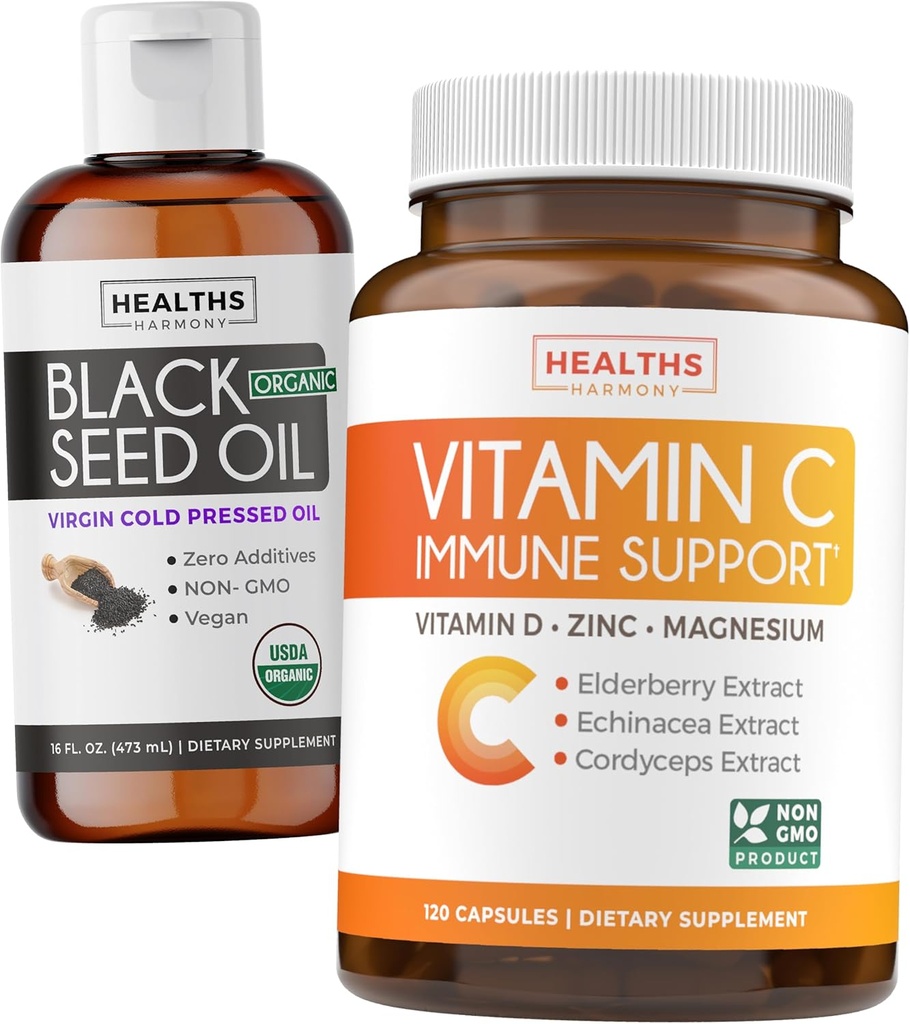 Black Seed Oil Liquid & Immune Support (2-Month Supply) Immune Maximiser Bundle - Black Seed Oil Liquid (16fl.oz) Premium Cold-Pressed Clack Cumin Seed Oil & Vitamin C Immune Support (120 Veg Caps)