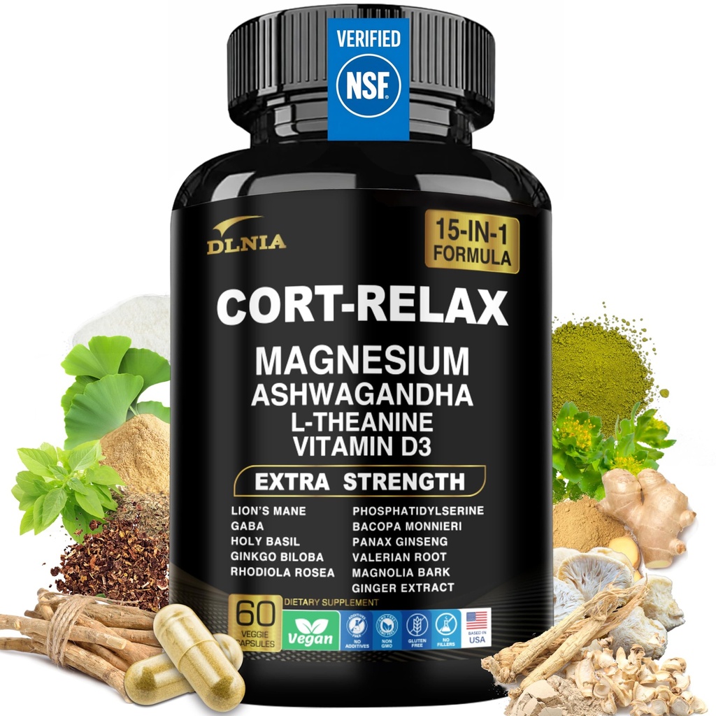 Super Calm Cortisol συμπλήρωμα με γλυκινικό μαγνήσιο, Ashwagandha KSM-66, L-Θεανίνη, Phosphatidylserine, Ginkgo Biloba & Lions Mane for Calm, Focus, Mental Clarity, Relaxation, Sleep, Energy