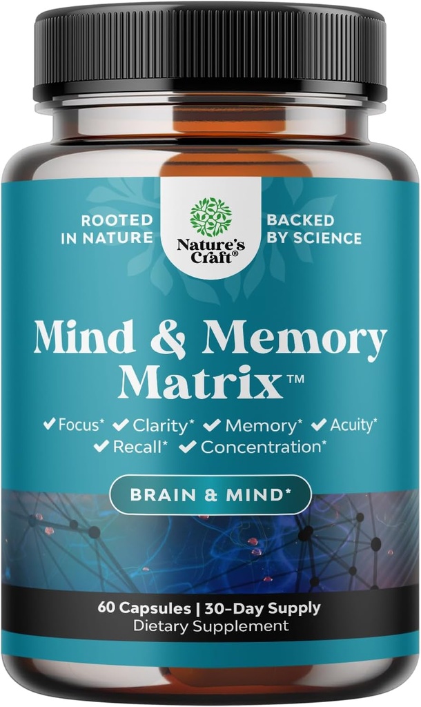 Matrix Nootropic Brain Supplement for Memory and Focus Enhancement - Βιταμίνες για Ψυχική Υγεία & Καθαρότητα - Γνωστικό Συγκρότημα για Ενήλικες όλων των ηλικιών Ζωτικότητα Νους - 60 Κάψουλες