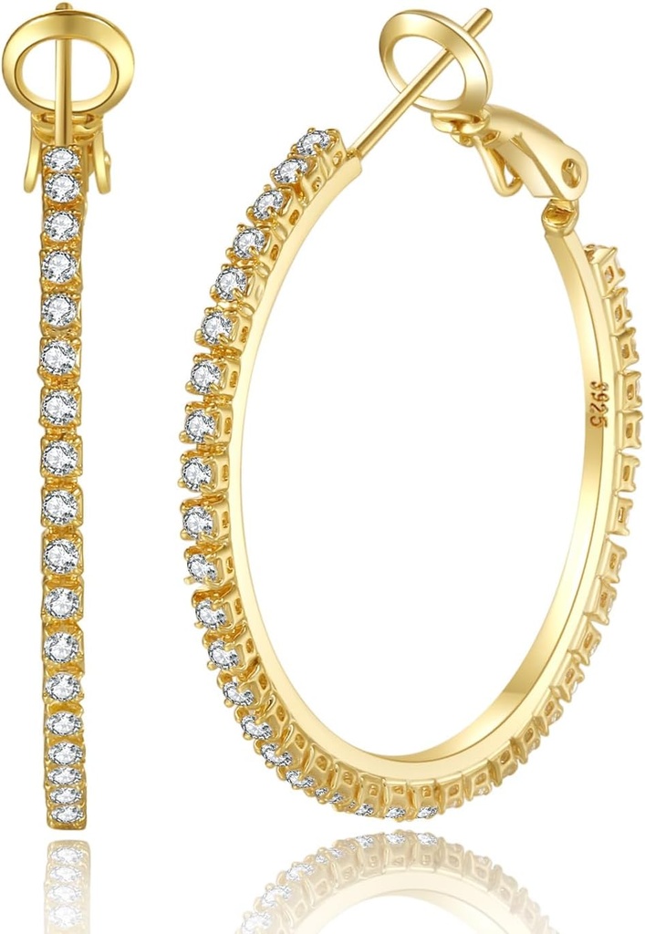 PABBEU 2mm 925 Sterling Silver Earrings Big Sterling Silver Hoop Earrings for Women Large Rhinestone Hoop Earrings Thin Hypoallergenic Cubic Zirconia Earrings for Women 30/40/50/60/70mm