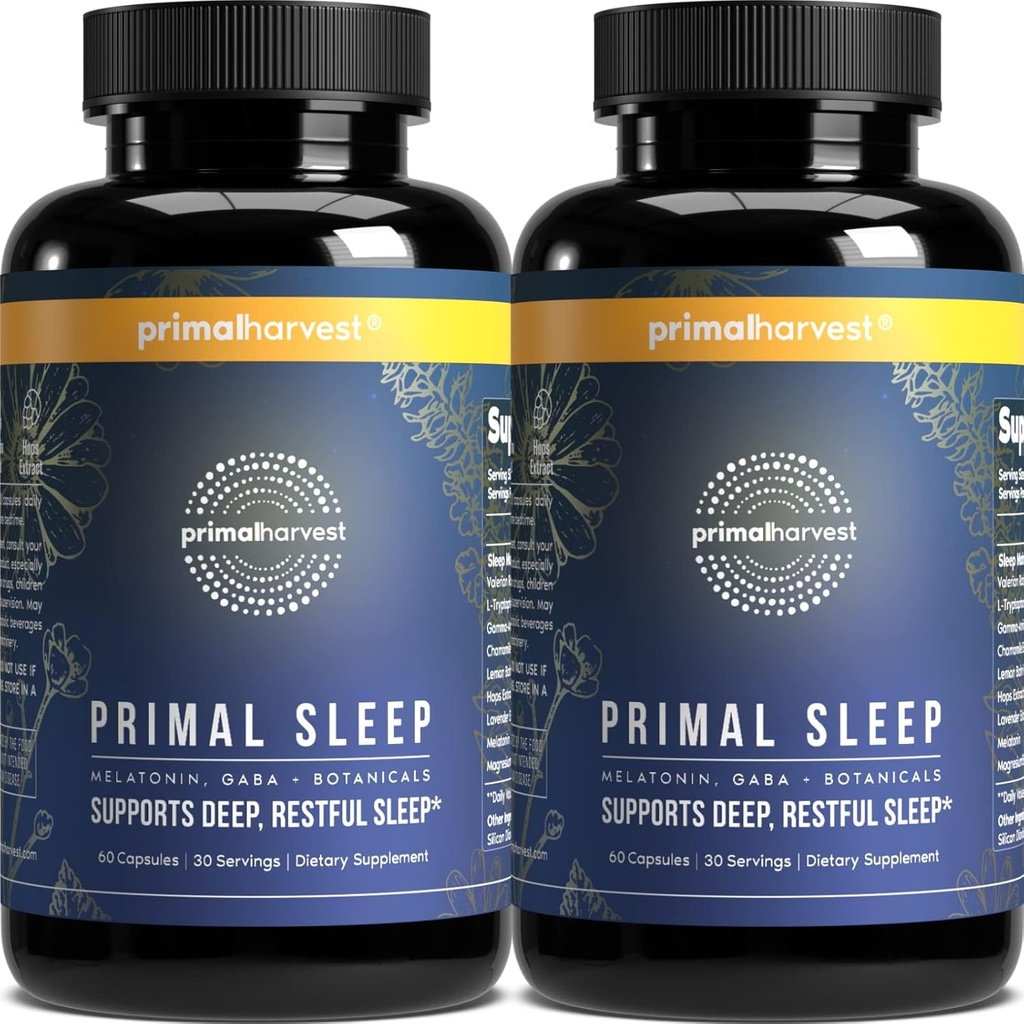 Primal Harvest 2 Pack, Primal Sleep, 120 Capsules with Valerian Root, L-Tryptophan, GABA, Chamomile, and Melatonin 3mg