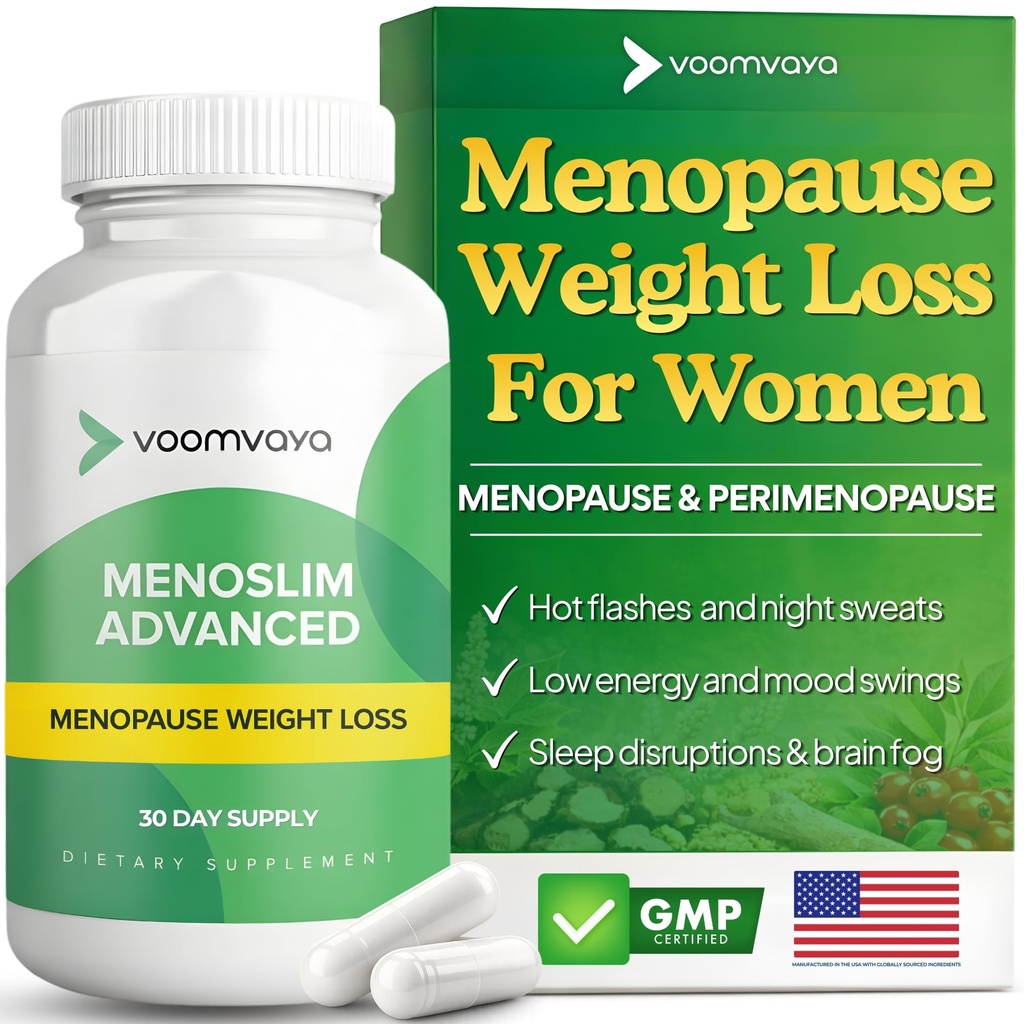 VoomVaya MenoSlim Advanced Εμμηνόπαυση Βάρος Απώλεια για τις γυναίκες - Εμμηνόπαυση & Περιεμμηνόπαυση Συμπληρώματα για τις γυναίκες - Συμπλήρωμα οιστρογόνων & Εμμηνόπαυση Ανακούφιση για Hot Flashs, Bloating, Energy - 60 Κάψουλες