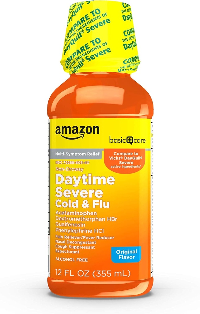   Basic Care Severe Daytime Cold and Flu, Maximum Strength Liquid Cold Medicine, Non-Drowsy, Multi-Symptom Relief, for Adults and Children Age 6 and Over, Original, 12 fl oz (Pack of 1)