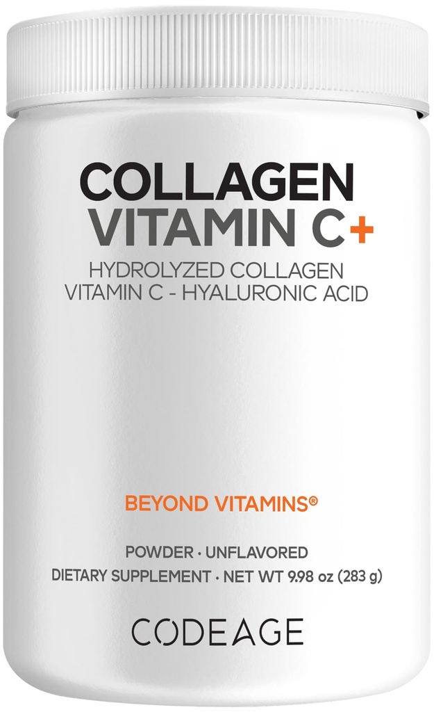 Codeage Collage Peptides σε σκόνη + βιταμίνη C - 20g Grass-Fed Collagen Per Serving - Digestive Enzymes, Hyaluronic Acid, 18 Amino Acids - Υδρολυμένη πρωτεΐνη κολλαγόνου - Μη ΓΤΟ, Μη αρωματισμένη - 9,98 oz
