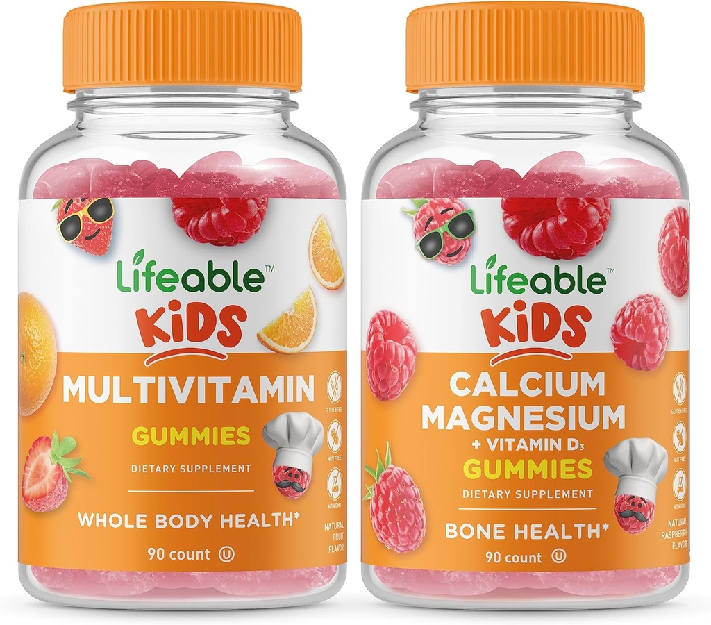 Lifeable Multivitamin Kids + Calcium Magnesium Kids, Gummies Bundle - Great Tasting, Vitamin Supplement, Gluten Free, GMO Free, Chewable Gummy