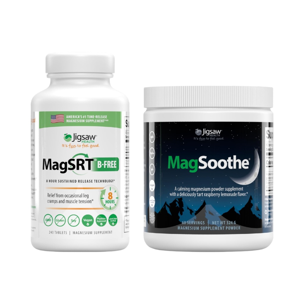 Jigsaw Health Magnesium Bundle | MagSRT (B-Free), 240 Tablets, and MagSoothe (Raspberry Lemonade), 60 Servings (Jar)