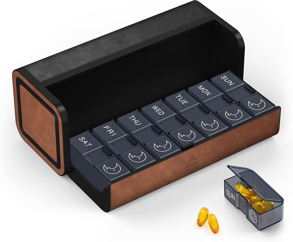 Medicine Pill Organizer, 7 Day AM Pill Box 2 Times a Day, Travel Leather Pill Case, Πατώντας το Double Opening, Κρατάει Φάρμακα Βιταμίνες Fish Oil και Συμπληρώματα (Μαύρο και Καφέ)