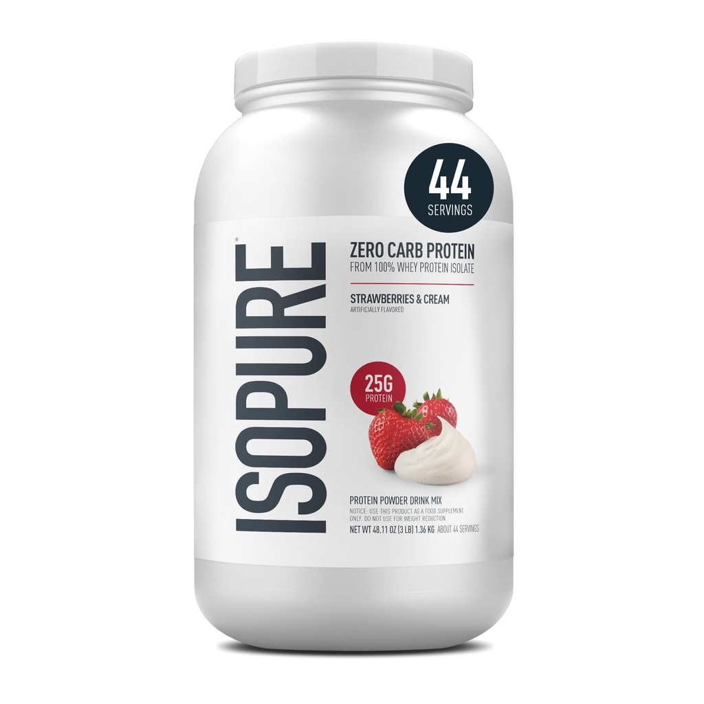 Isopure Zero Carb 100% Pure Whey Isolate Protein Powder, Lactose Free, Gluten Free, With Vitamins, Φράουλες & Κρέμα, 25g Protein Per Serving, 3 Lbs, 44 Servings (Packaging May Vary)