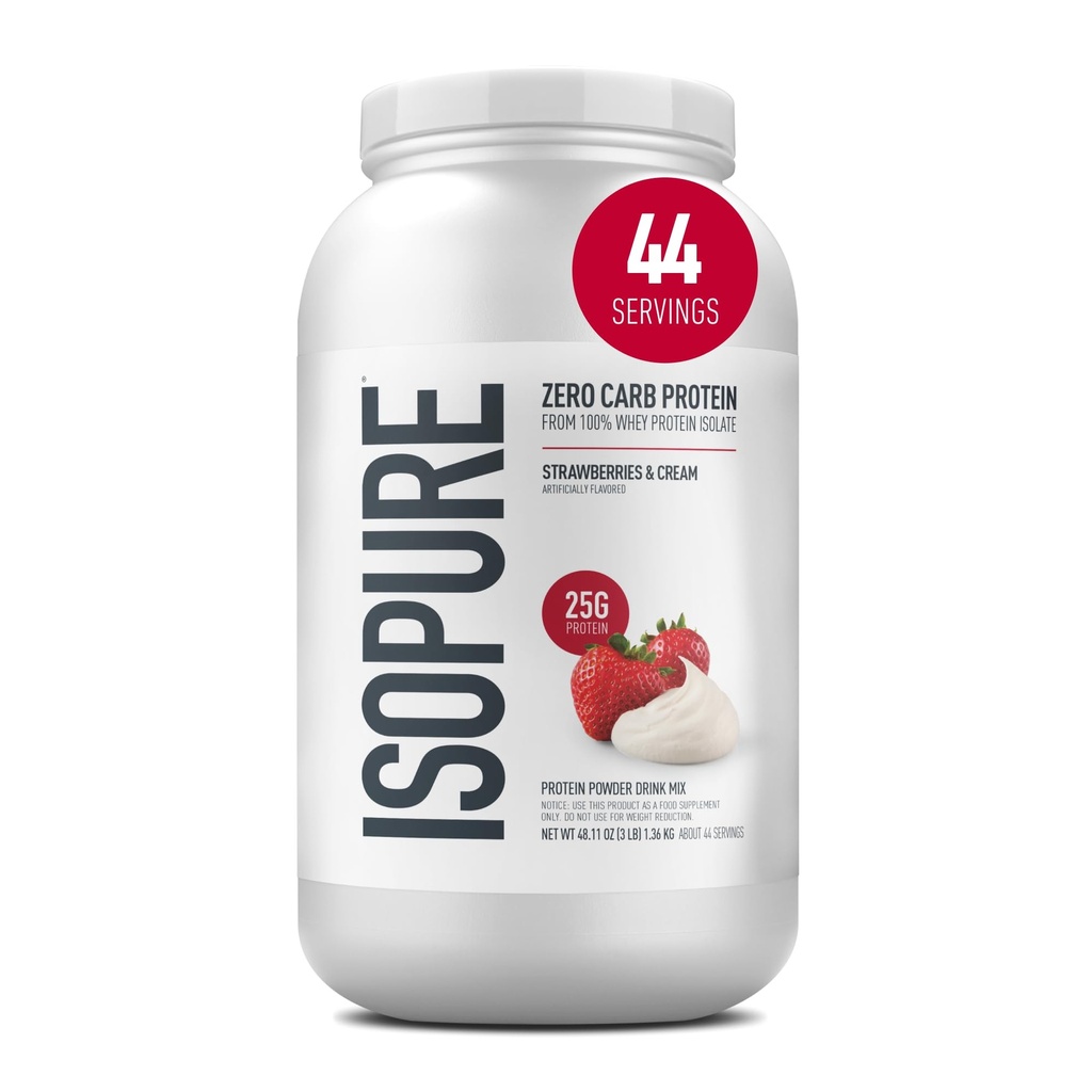 Isopure Zero Carb 100% Pure Whey Isolate Protein Powder, Lactose Free, Gluten Free, With Vitamins, Φράουλες & Κρέμα, 25g Protein Per Serving, 3 Lbs, 44 Servings (Packaging May Vary)