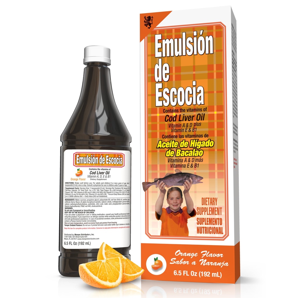 Emulsion de Escocia Cod Liver Oil, Orange Flavor, 6.5 fl oz (1 Pack) – Fish Oil with Vitamins A, D, E, B1, Omega-3 for Immune and Bone Health, Kids & Adults
