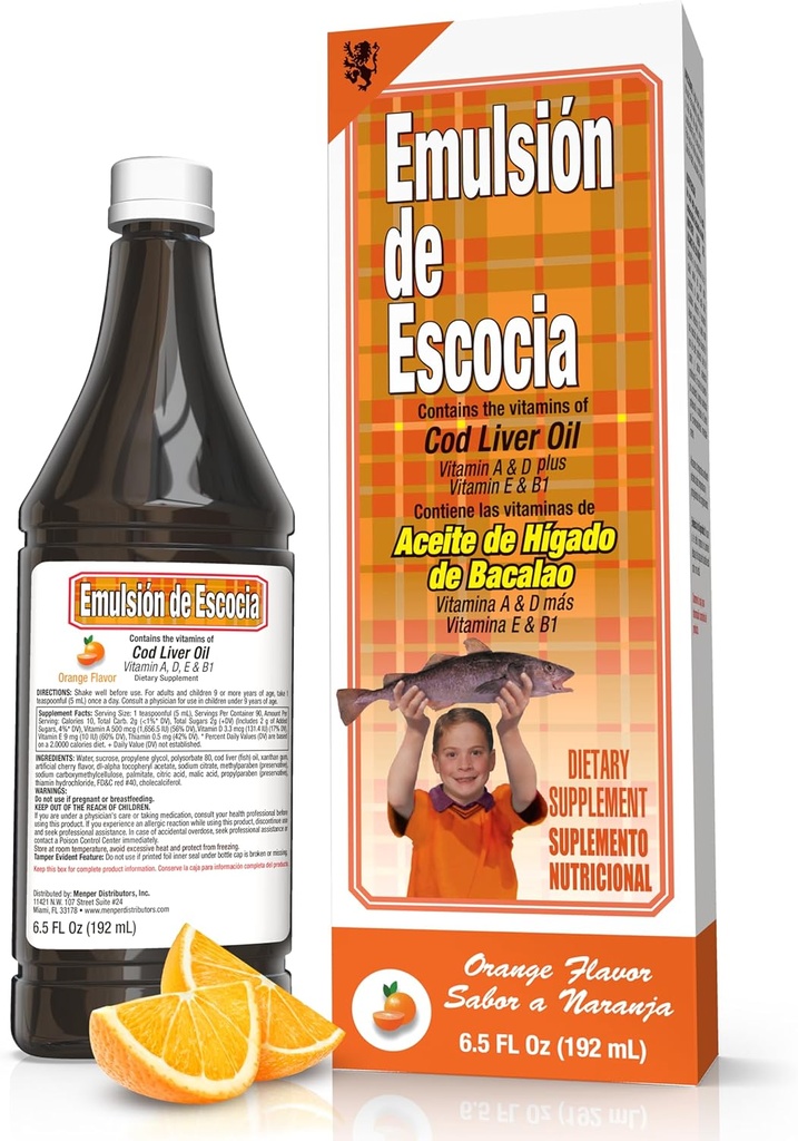OEMELSION DE ESCOCIA Cod Liver Oil, Orange Flavor, 6.5 fl oz (1 Pack) – Fish Oil with Vitamins A, D, E, B1, Omega-3 for Immune and Bone Health, Kids & Adults