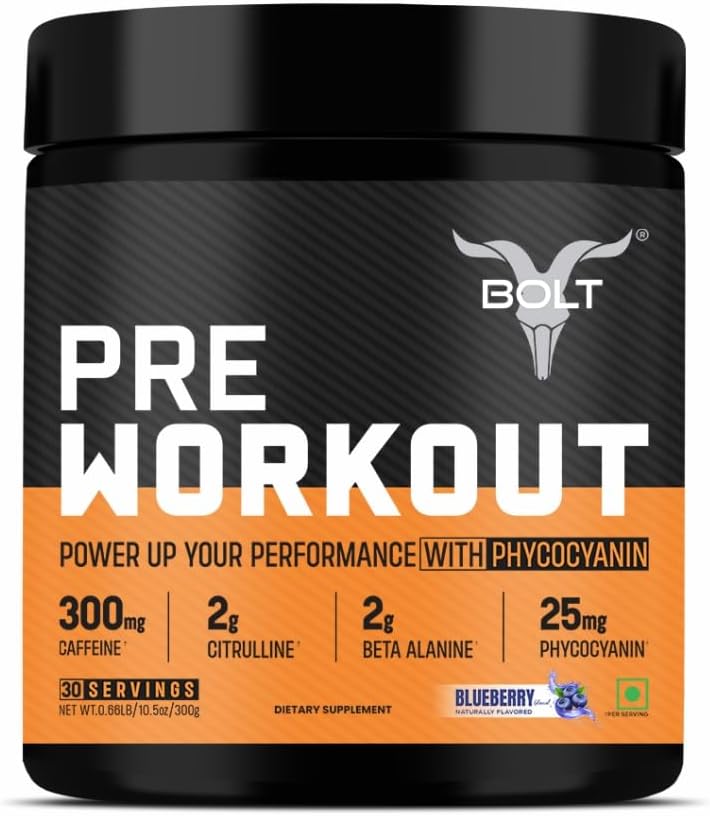 Bolt Pre Workout Supplement with Caffeine, Citrulline Malate, B-Alanine, Taurine | Explosive Energy, Pump & Focus |300g,30 Servings | Blue Berry Blast