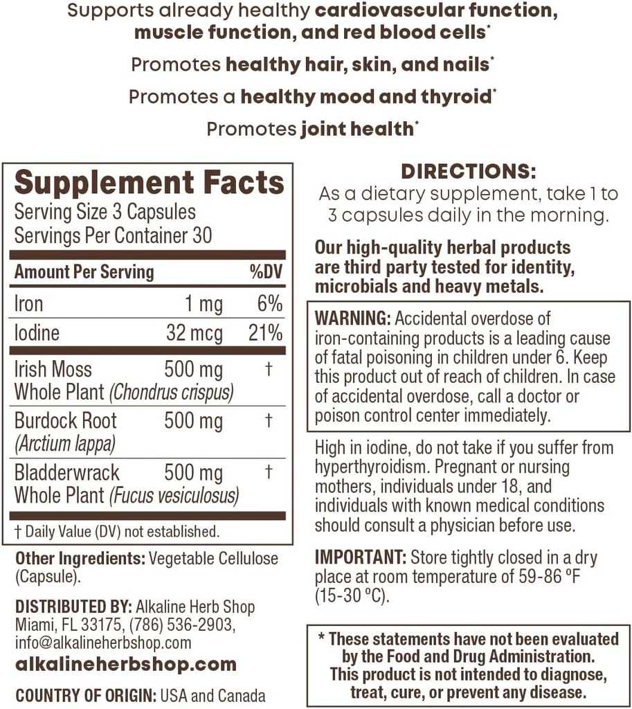 Alkaline Herb Store Sea Moss, Burdock Root, & Bladderwrack Supplement 90 Capsules