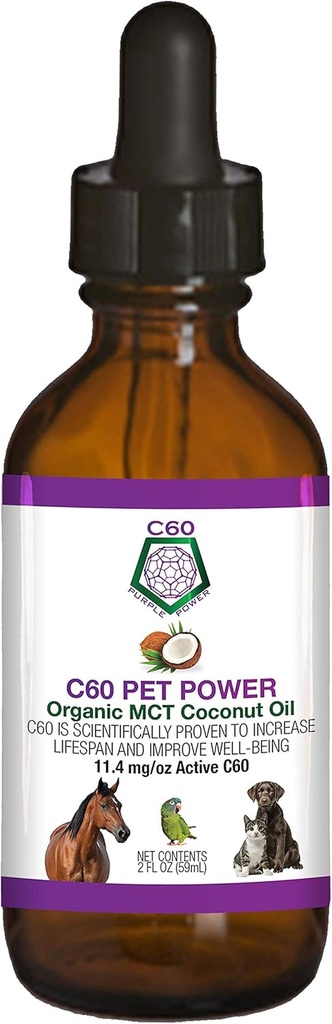 C60 Power for Pets - C60 in Organic MCT Coconut Oil, Natural Wellness Support for Dogs & Cats, Pure Carbon Fullerenes, Προάγει την υγιή γήρανση, την ενέργεια, & την κινητικότητα - 2 fl oz μπουκάλι
