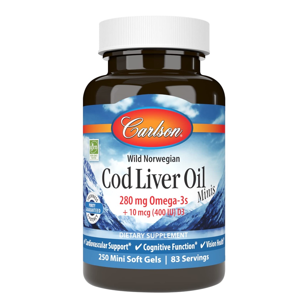 Carlson - Cod Oil Minis, 280 mg Omega-3s + Βιταμίνες Α & D3, Υποστήριξη καρδιάς & Γνωστική λειτουργία, Υγεία όρασης, 250 Mini Soft Gels