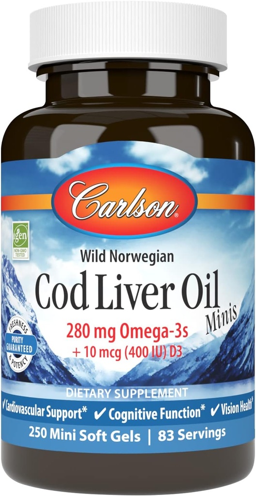 Carlson - Cod Oil Minis, 280 mg Omega-3s + Βιταμίνες Α & D3, Υποστήριξη καρδιάς & Γνωστική λειτουργία, Υγεία όρασης, 250 Mini Soft Gels