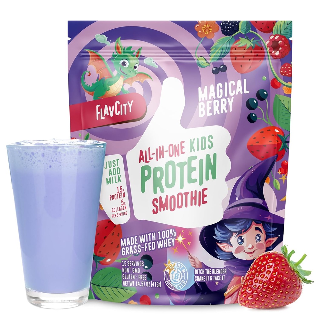 FlavCity All-in-One Protein Smoothie for Kids (Magical Berry) - Grass-Fed & Μη μετουσιωμένη Whey Protein Powder με 15g Πρωτεΐνη & 5g Κολλαγόνο - Χωρίς γλουτένη & Μη GMO - 15 Σερβιέτες