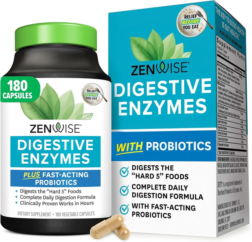Zenwise Health Digestive Enzymes for Gut Health & Bloating Relief - Multi Enzymes Digestion Supplement with Probiotics, Bromelain & Papaya for Digestive Health Support - Men & Women - 180 Count
