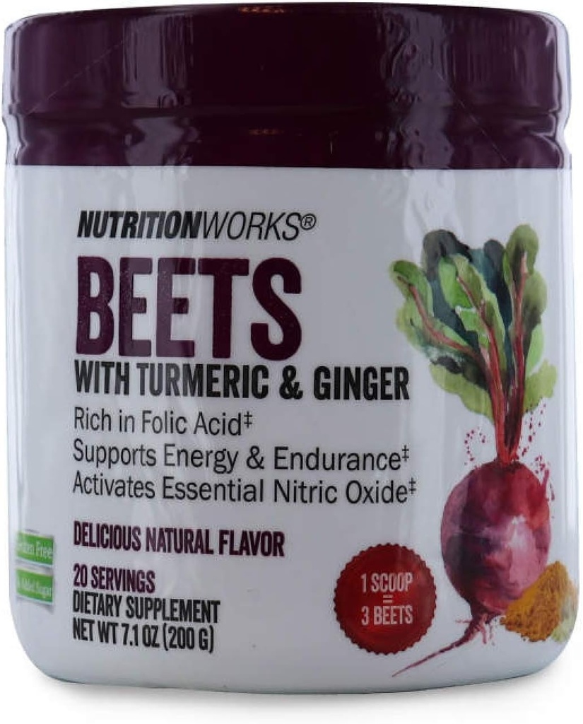 Nutrition Works Beets with Turmeric & Ginger. Gluten Free, No Added Sugar. Supports Energy & Endurance. Dietary Supplement. 20 Servings 7.1 oz