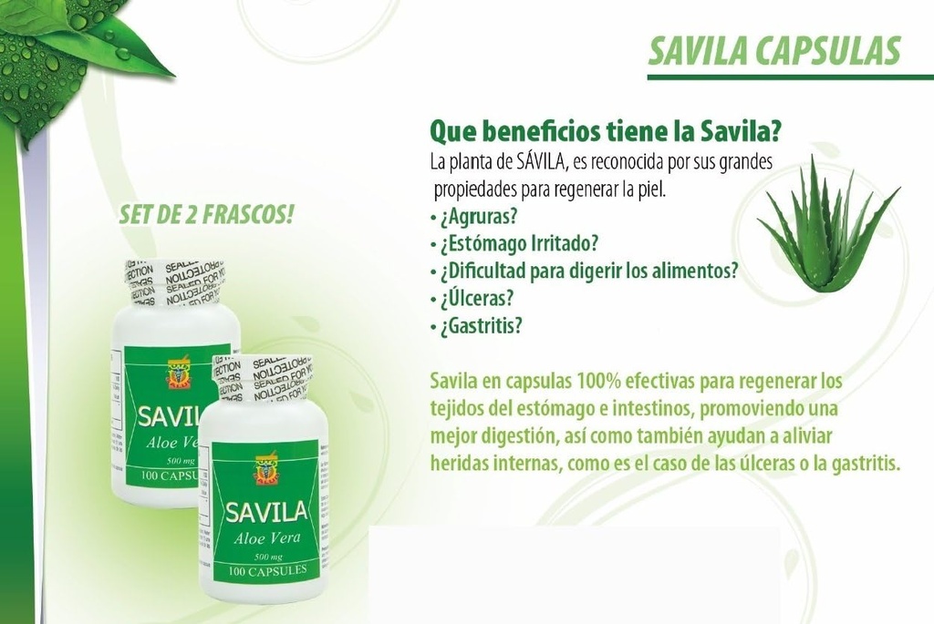 Προϊόντα Nutrisalud Capsulas de Savila, Aloe Vera Κάψουλες 500mg. Σετ de 2 frascos 100 capsulas CADA uno.Efectivo Contra έλκη, agruras,mala Digetion,Colitis,estreñimiento. Dura mas de 3 Μέσες.