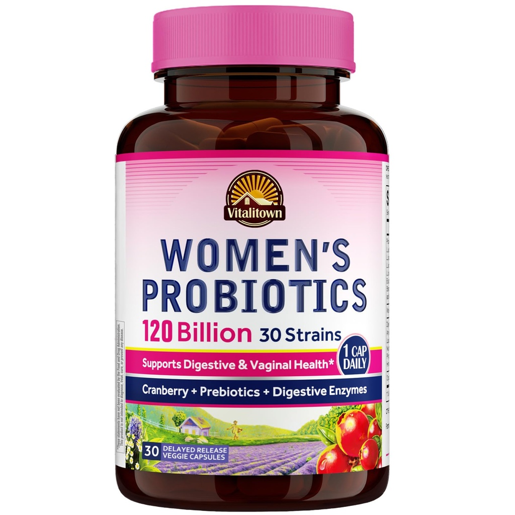 Vitalitown Probiotics for Women 120 Billion CFUs, 30 Strains, with Prebiotics & Digestive Enzymes & Cranberry, Gut & Κολπική Υγεία, Vegan 30 Καθυστερημένα καπάκια απελευθέρωσης