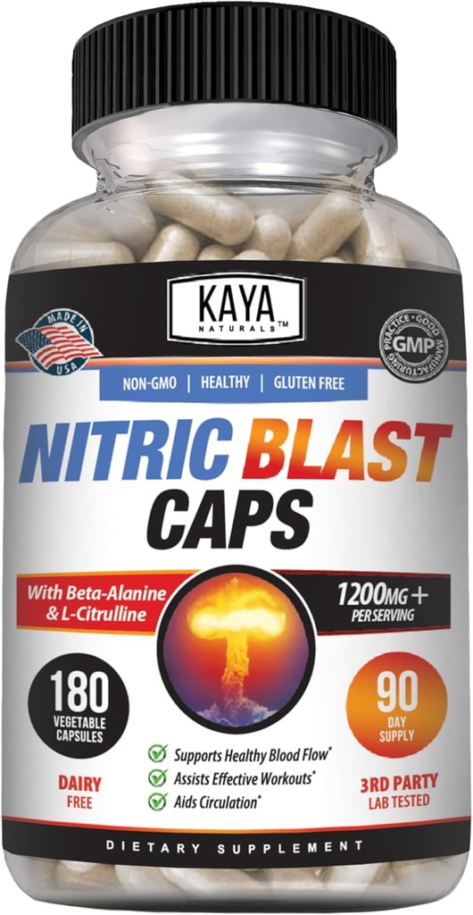 Kaya Naturals - Nitric Blast Potent All-Natural Herbal Supplement for Maximum Health Benefits | Pre-Workout | Increased Energy | Improved Nighttime Performance (180 Count (Pack of 1)