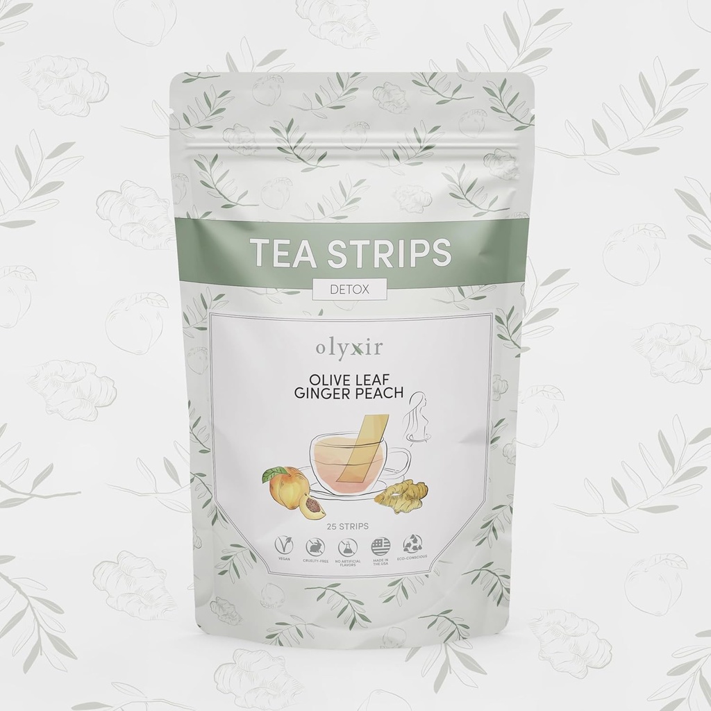 Olyxir Detox Tea Strips - Natural Olive Leaf, Ginger, & Peach Flavors - Instant, Energizing, Organic, Paleo, Vegan, Non-GMO | 25 Ct