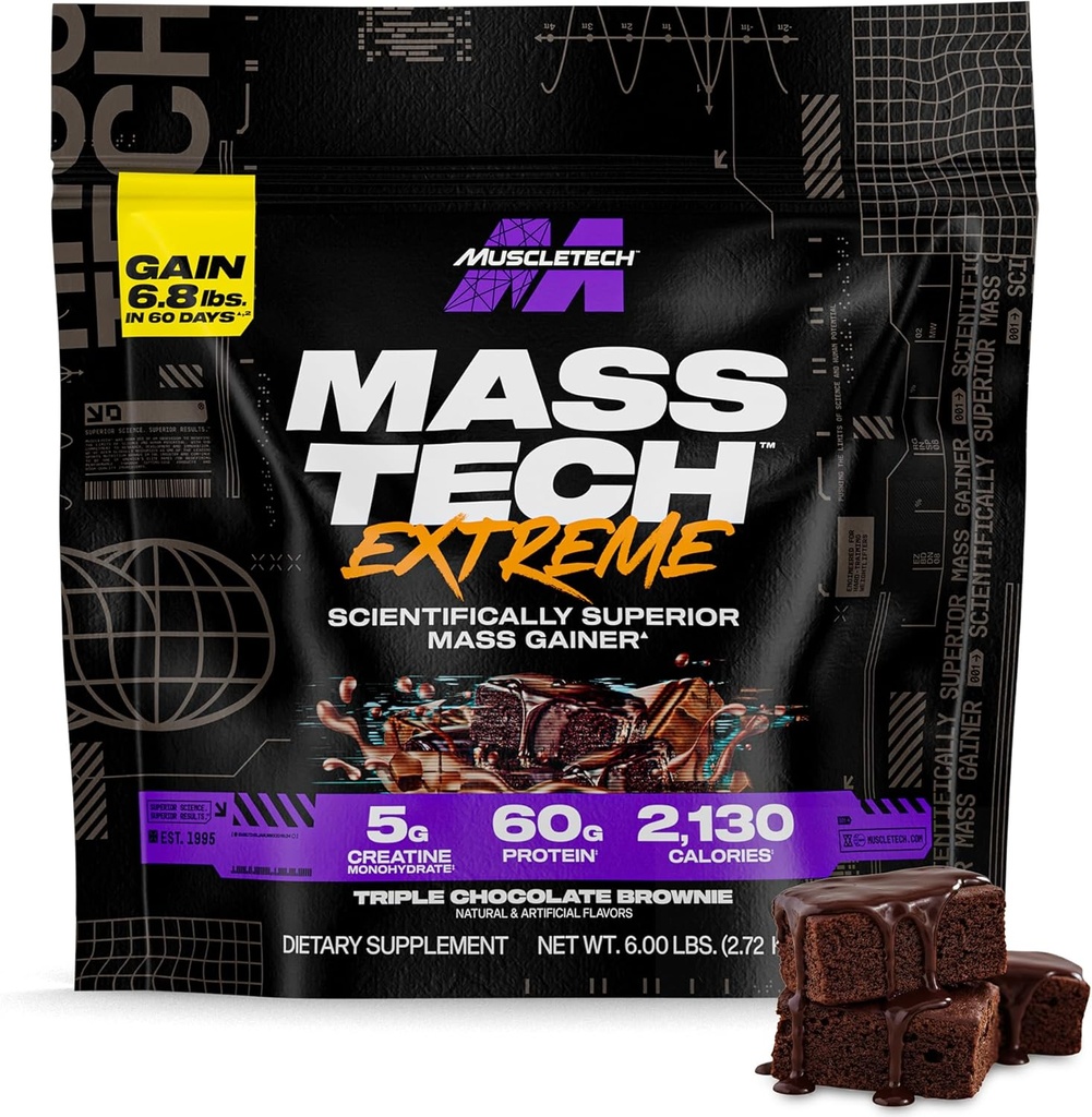 Muscletech High-Protein Mass Gainer (Τρίδυμη σοκολάτα Brownie, 6LB) - Mass Tech Extreme 2000 Mass Gainer Protein Powder Supplement - Κερδιστής βάρους για την αύξηση των μυών, ενισχυμένη αποκατάσταση & δύναμη