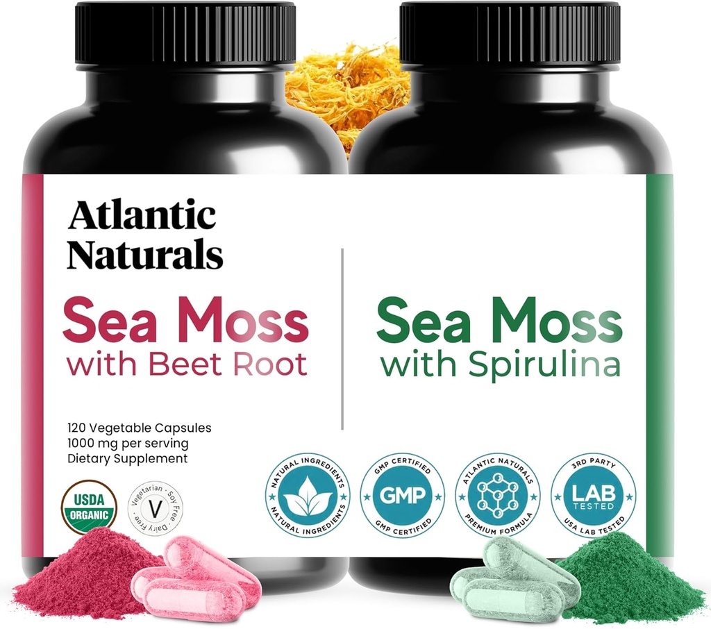 Atlantic Naturals Sea Moss Superfood Bundle - Sea Moss with Beet Root & Spirulina Capses - Αμυντική Υποστήριξη, Ροή αίματος, Κοινή Υγεία & Σίδερο - 240 Κάψουλες (2 x 120 ct)
