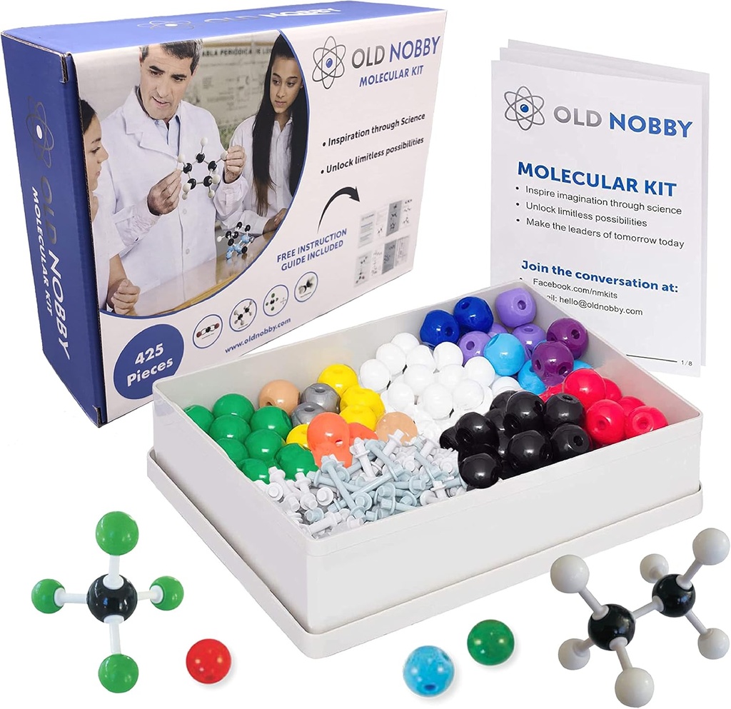 Παλιό σετ οργανικής χημείας Nobby (425 pc) Molecular Model Kit with Atoms, Bonds, Guide, Bond Removement Tool - STEM Science Kits for Kids Toys Chemistry Set for Students Young Scientists