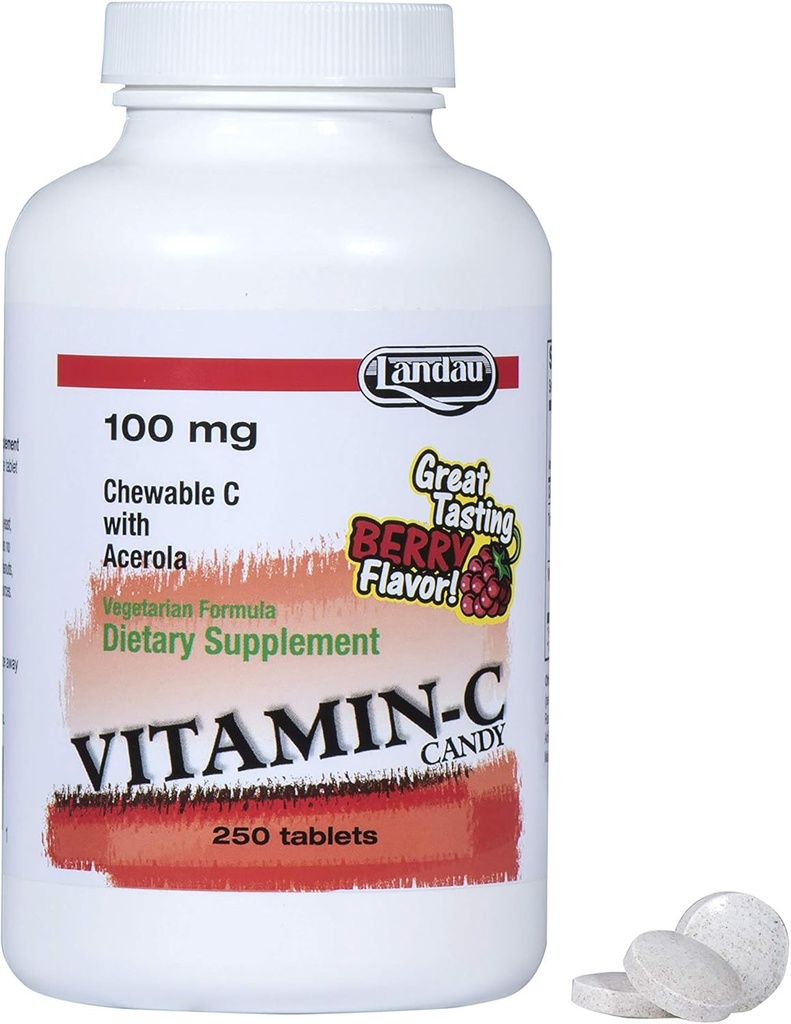 Landau 100mg Chewable Vitamin C Candy for Kids & Adults – Easy-to-Take Vitamin C Supplement with Acerola – Kosher & Made in The USA – Great Tasting Berry Flavor, 250 Tablets