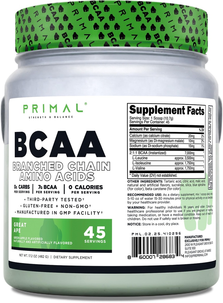 Primal BCAA Powder Great Ape (45 SERV) (Πράσινη Μήλο Γεύση) - 0 g υδατάνθρακες, 0 θερμίδες, 7g BCAA ανά υπηρεσία