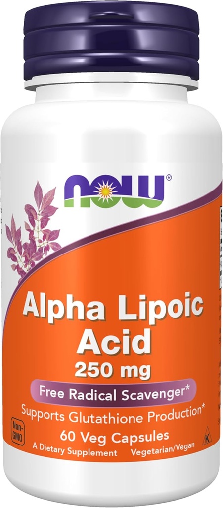 NOW Συμπληρώματα τροφίμων, Alpha Lipoic Acid 250 mg, Υποστηρίζει Glutathione Παραγωγή *, Free Radical Scavenger*, 60 Veg Κάψουλες
