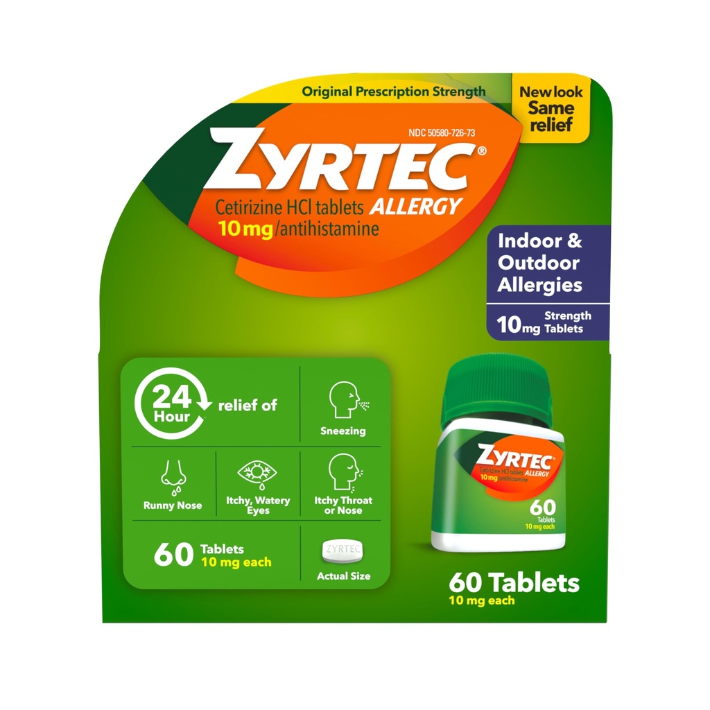 Zyrtec 24 Hour Alergy Relief Tablets, Indoor & Outdoor Allergy Medicine with 10 mg Cetirizine HCl per Antihistamine Tablet, Relief of Allergies, αριθμός 60.