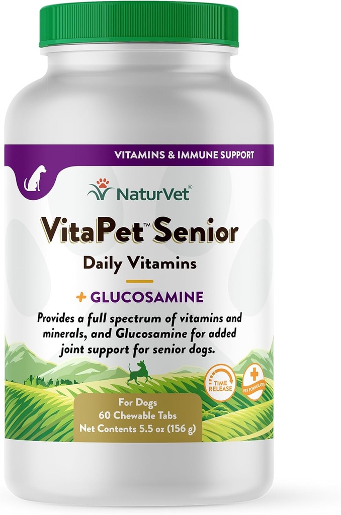 NaturVet –VitaPet Senior Daily Vitamins for Senior Dogs – Plus Γλυκοζαμίνη – Full Spectrum of Vitamins & Minerals – Enhanced with Glucosamine for Added Joint Support – 60 Time Release Tablets